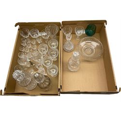Quantity of glassware to include decanters with stoppers, coupe glasses, fruit bowl etc in two boxes