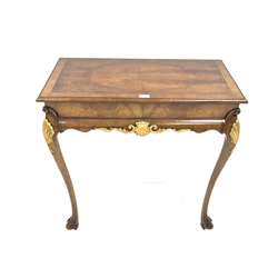 18th century design figured mahogany console table, with gilt shell motif, raised on scroll carved cariole supports to front,  (W79cm)