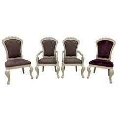 Pair French style painted open armchairs, upholstered backs and seats with scrolled arms and cabriole supports; with pair matching side chairs 