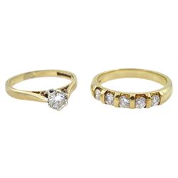 Gold single stone round brilliant cut diamond ring, diamond 0.25 carat and a gold five stone diamond ring, both hallmarked 9ct