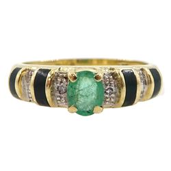 9ct gold oval emerald ring with diamond chip and green enamel shoulders, hallmarked