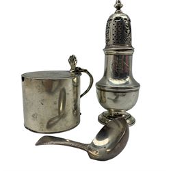 Georgian silver circular mustard pot engraved with a crest, Georgian sugar sifter and a George IV silver caddy spoon 7.9oz (3)