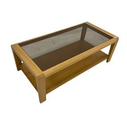 Rectangular light oak framed coffee table, glass inset top over under-tier