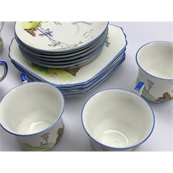 Art Deco Foley china tea set for six, printed and hand painted with a Windmill in a landscape no. 709 
