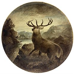 Large Victorian Copeland hand painted earthenware charger depicting a Stag on a hillside overlooking a loch, mountains beyond, by William Yale, impressed Copeland and painted No.74, D56cm. Note: Yale worked as a painter for Copeland between 1869 to 1883, before establishing his own tile manufacturing and painting factory in Liverpool Road, Stoke on Trent in 1893, where he produced hand painted tiles in reaction to the mass produced and transfer decorated tiles of the day