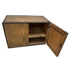 19th century scumbled pine sea chest or cupboard, bound with wrought iron fittings and twin handles, two cupboard doors enclosing single shelf