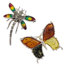 Silver tri-coloured Baltic amber butterfly brooch and silver plique-a-jour and marcasite dragonfly brooch, both stamped 925 