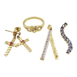 9ct gold jewellery including diamond heart design ring, pair of ruby cross design pendant stud earrings, diamond 'I Love You' pendant and a tanzanite wave design pendant, all hallmarked 
