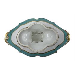 19th century pedestal dish, the bowl of oval form, centrally painted with a floral bouquet within gilt and moulded borders, on a scroll moulded base, W38cm x H16cm 