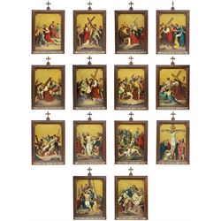 English School (Late 19th century): The Stations of the Cross, complete set of fourteen oils on metal with embossed gilt backgrounds, 127cm x 92cm (50” x 36”), in bespoke carved and gilded oak frames with crucifix finials, with painted titles along the bottom edge, overall 152.5cm x 115cm (excluding finials), H184cm (including finials) (14) 
Provenance: commissioned for All Saints Church, Falsgrave, Scarborough c.1890; the church was demolished in 1975 and some of the contents were sold to St Saviour’s Church, Scarborough, where the Stations were hung until 2023 when St Saviour’s underwent a major renovation.
