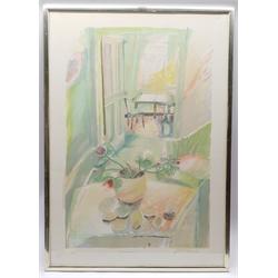 Jane Strother (British Contemporary): 'Anemones', printer's proof screenprint signed and titled in pencil 87cm x 61cm; Christine Church: Still Life of Fruit and Veg, coloured pencil drawing signed and dated '85, 42cm x 62cm (2)
