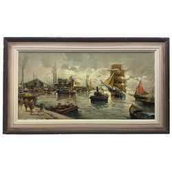 English School (Late 20th Century): Fishing in the Harbour, oil on canvas unsigned 39cm x 80cm