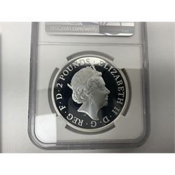 The Royal Mint United Kingdom 2015 'Sir Winston Churchill' silver proof piedfort five pound coin and 2018 'Britannia' one ounce fine silver proof two pounds, both encapsulated by NGC