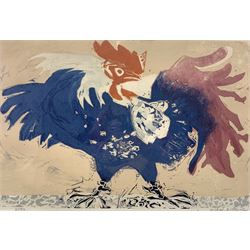 Michael Rothenstein RA (British 1908-1993): 'Cockerel Turning Round', linocut with applied texture signed and numbered 21/50, dated 1956-57, 49cm x 59cm