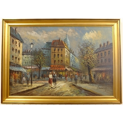Burnett (French Contemporary): Parisian Street Scene, oil on board signed 60cm x 90cm