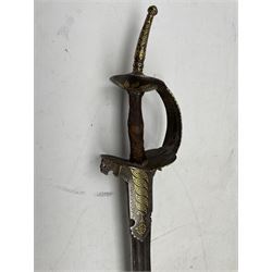 18th/19th century Indian sword with spur hilt and gilt metal leaf like decoration, blade length 89cm