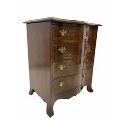 Georgian style figured walnut serpentine front chest, the cross banded top over four graduated drawers, shaped apron and splayed bracket supports