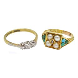 Victorian 18ct gold split pearl, turquoise and diamond ring, hallmarked and a gold three stone diamond ring, stamped 18ct Plat, both boxed