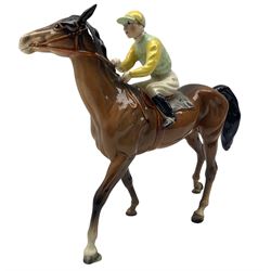 Beswick Racehorse and Jockey, model No. 1037, no. 24 on Saddlecloth and yellow and green silks