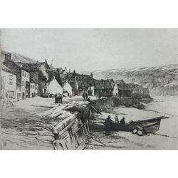 J Barrie Robinson (Early 20th century): 'Staithes' Quayside, etching signed and titled in pencil 19cm x 27cm