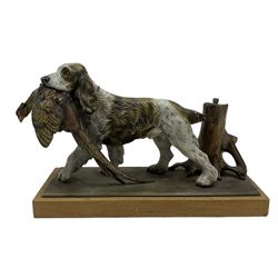 20th century Austrian cold painted spelter table lighter in the form of a spaniel retrieving a pheasant on an oak plinth L25cm