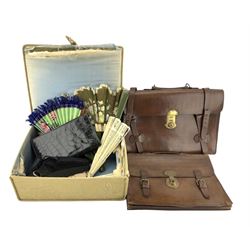 Two leather attache cases, crocodile skin folding blotter, Victorian glengarry hat, bone and other fans in an embroidered case