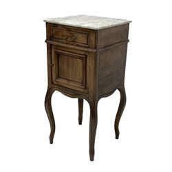 Late 19th century Continental walnut bedside lamp table, with white marble top over drawer and cupboard, raised on moulded cabriole supports 41cm x 41cm, H86cm