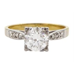 18ct gold single stone round brilliant cut diamond ring, with diamond set shoulders, stamped,, principle diamond approx 0.75 carat