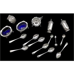 Pair of Edwardian silver salts with blue glass liners Sheffield 1909, pair of cylindrical pepperettes, silver mustard pot,  seven silver tea spoons Sheffield 1938 and a Chinese white metal serviette ring, weighable silver 9.8oz