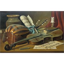 Giancarlo Garzelli (Italian 1939-1967): Still Life with Violin and Sheet Music, oil on canvas signed 39cm x 59cm