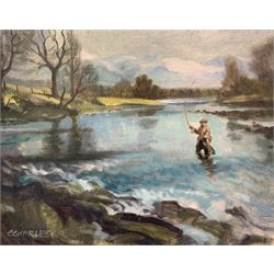 E Charles (British contemporary): Loch Fishing, oil on board signed 38cm x 48cm