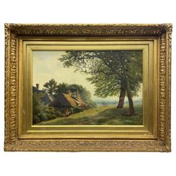 Will Pre (British Early 20th century): Figures by a Thatched Country Cottage, oil on canvas signed, hosed in ornate gilt acanthus decorated frame 27cm x 40cm