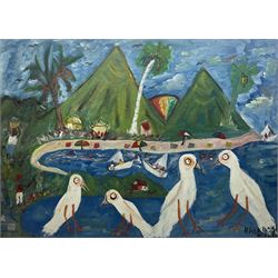 Raskassa aka Arthur S Richardson (Rastafarian Contemporary): Saint Lucia Beach with Figures and Gulls, oil on canvas signed 69cm x 96cm