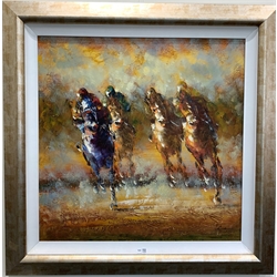 Indistinctly signed oil on canvas of a horse racing scene, 75cm x 75cm