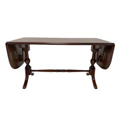 Mahogany drop leaf sofa table, the rectangular drop leaf top over two columns, raised on four splayed supports 