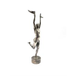 Early 20th century silver-plated mascot style model of a semi nude man on circular base, unsigned, H38cm