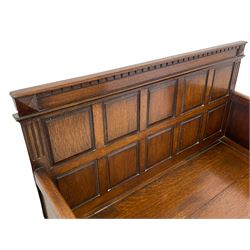 Edwardian oak hall bench, dentil cresting rail over panelled back and hinged box seat, fluted uprights, panelled front, on plinth base