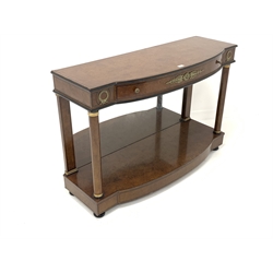 20th century simulated burr walnut console table, stepped bow front, single frieze drawer with floral gilt metal mounts, the top raised on turned front supports, with mirrored back united by under tier, W120cm