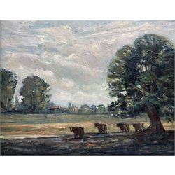 Michael Chapman (British 1933-): 'Foulsham' Norfolk - Landscape with Cows, oil on board signed with initials, signed and titled verso 19cm x 24cm