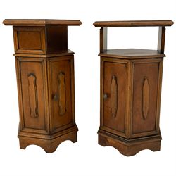Pair hardwood hexagonal two-tier bedside cabinets, fitted with single hinged door with panelled sides and moulded decoration