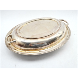 Silver oval entree dish and cover with beaded edge and two handles L28cm Sheffield 1933 Maker Viners 27.8oz