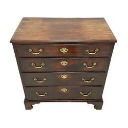 George III mahogany straight-front chest, rectangular top with moulded edge, fitted with four graduating drawers with moulded facias, each with foliate shaped pierced brass escutcheons and drop handles, raised on shaped bracket feet