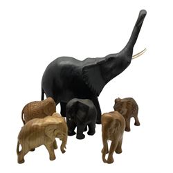 Large ebonised African elephant with bone tusks and raised trunk H66cm and five smaller African and Indian elephants (6)