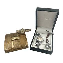 Cyma 9ct gold ladies wristwatch, on expanding gilt strap, Leroy & Files ball pendant watch, compact case with cased clock within and an Everite wristwatch