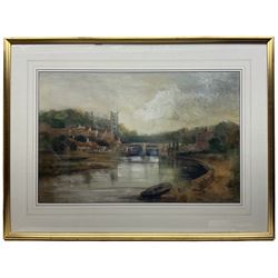 Frederick William Booty (British 1840-1924): River Landscape with Bridge and Cathedral, watercolour signed and dated 1912, 45cm x 70cm