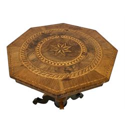 Late 19th century Italian Sorrento walnut centre table, the octagonal marquetry top inlaid with a central eight pointed star, within concentric geometric satinwood inlay bands formed of lozenges and chequered stringing, raised on a turned ebonised pedestal with inverted cups inlaid with feathered and chequered bands of contrasting veneer, the shaped cabriole legs decorated with stylised palm parquetry, terminating in silhouette supports