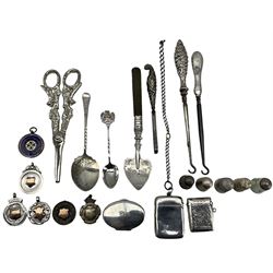 Victorian silver vesta case Chester 1890 Maker William Neale with silver chain, another vesta case Birmingham 1907, small 800 standard Italian oval box, various silver thimbles, six silver fobs, button hooks, preserve spoons etc