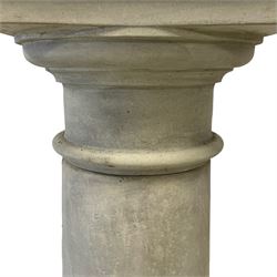 Pair of three-piece architectural pedestals, stepped square top on barrel pedestals, moulded foot and square base