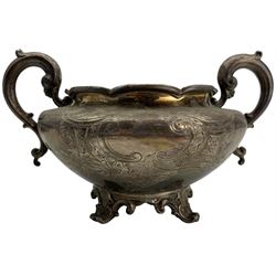 Early Victorian silver two handled sugar bowl with engraved decoration, scroll handles and feet D20cm Sheffield 1843 Maker John Waterhouse, Edward Hatfield & Co