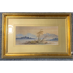Unsigned 19th century watercolour of a Continental lake and mountain landscape, 23cm x 51cm 